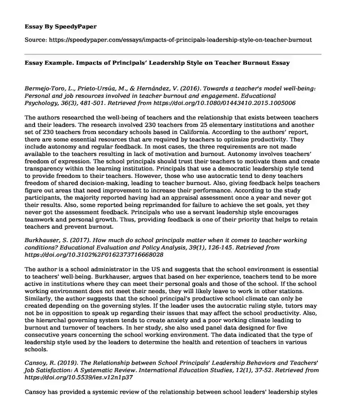 Essay Example. Impacts of Principals' Leadership Style on Teacher Burnout