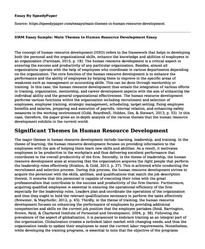 HRM Essay Sample: Main Themes in Human Resource Development