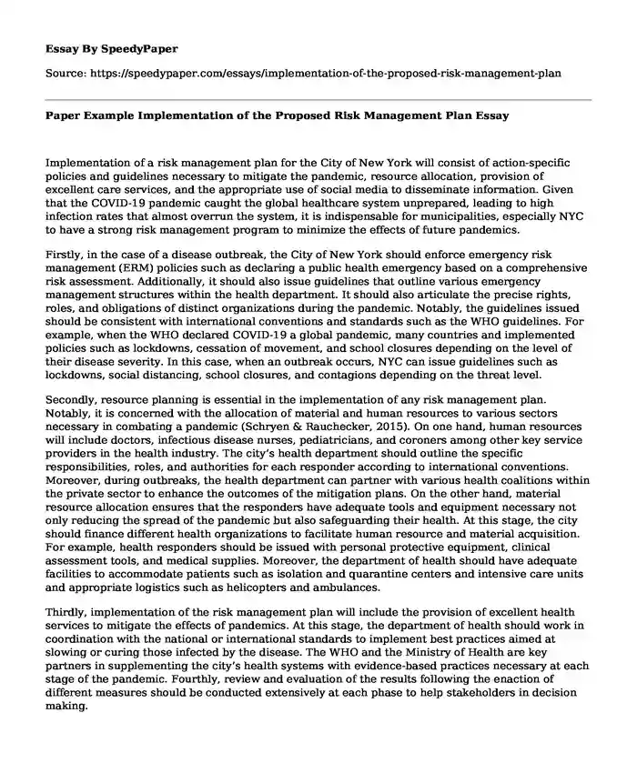 Paper Example Implementation of the Proposed Risk Management Plan