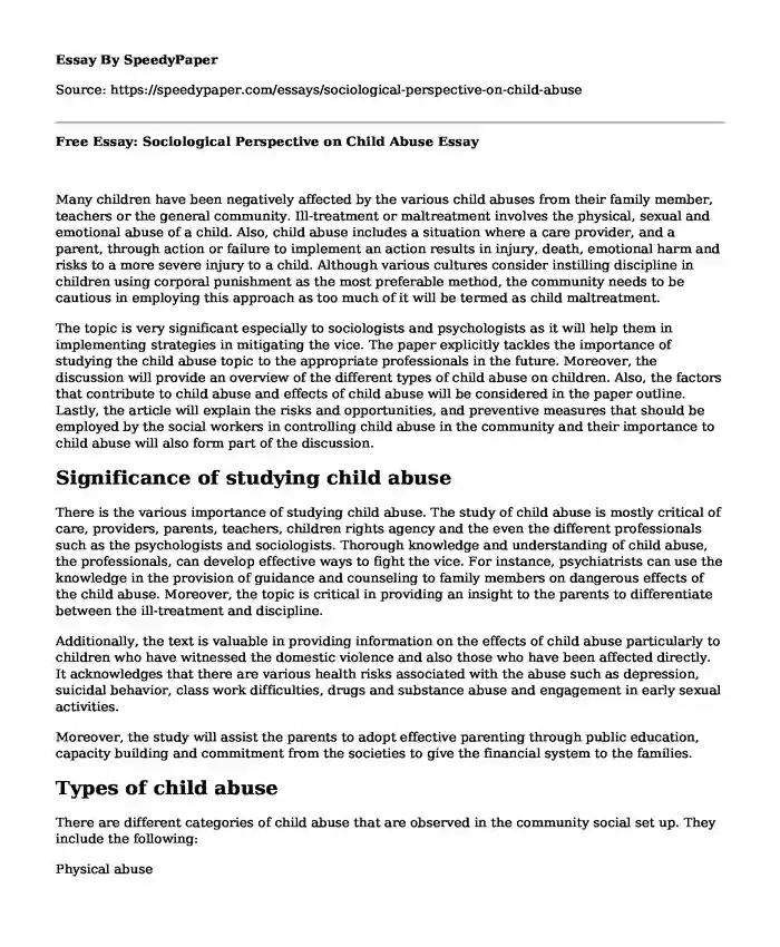 Free Essay: Sociological Perspective on Child Abuse