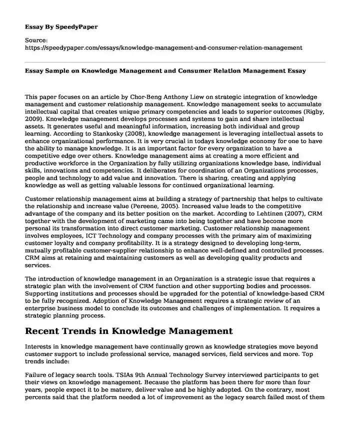 Essay Sample on Knowledge Management and Consumer Relation Management