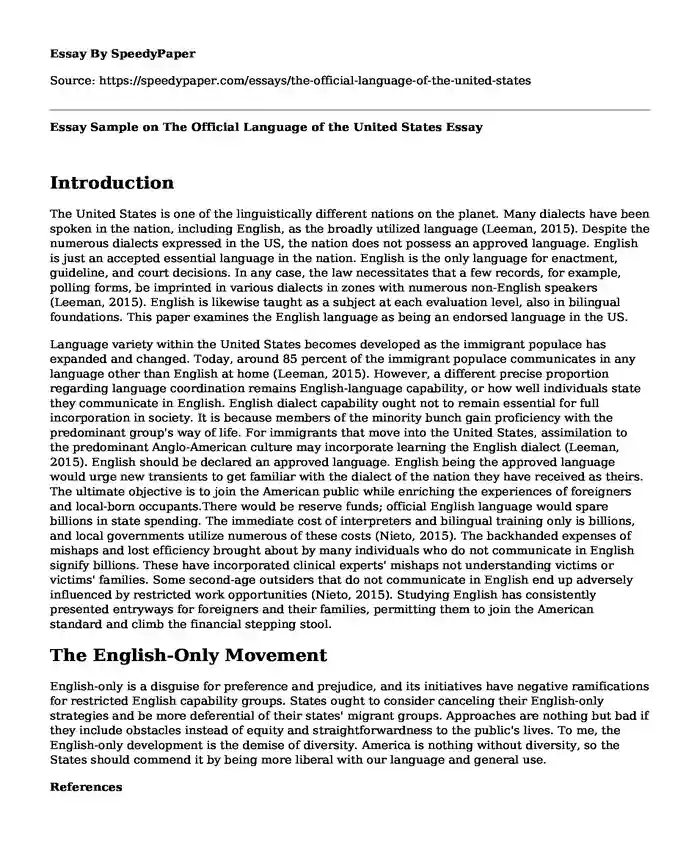 Essay Sample on The Official Language of the United States
