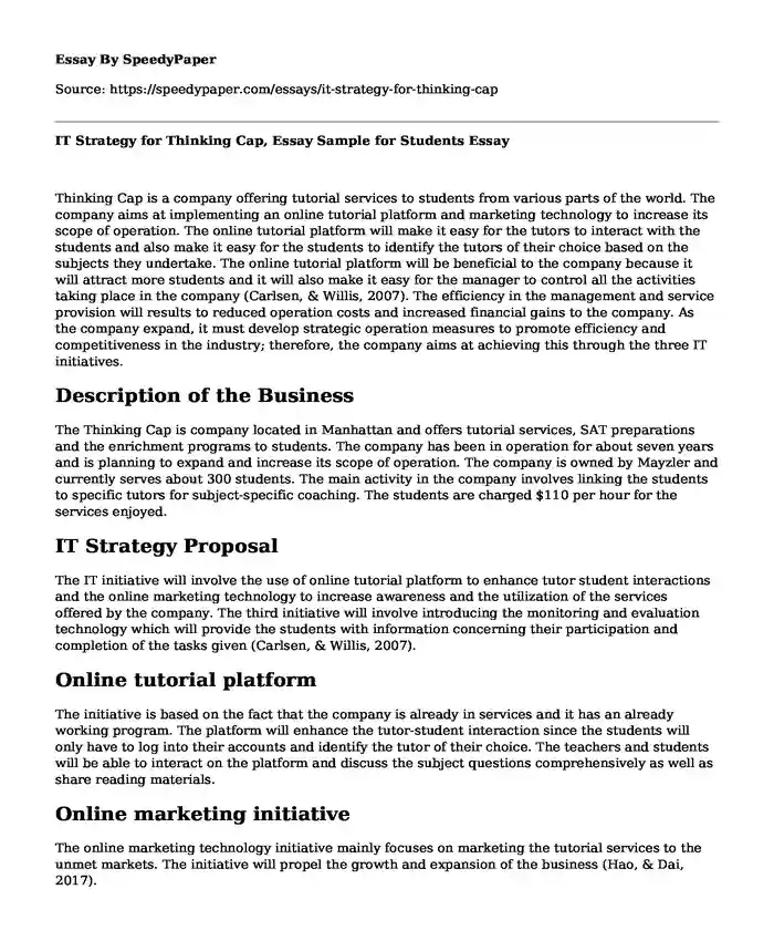 IT Strategy for Thinking Cap, Essay Sample for Students