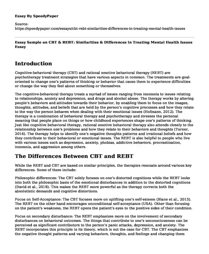 Essay Sample on CBT & REBT: Similarities & Differences in Treating Mental Health Issues