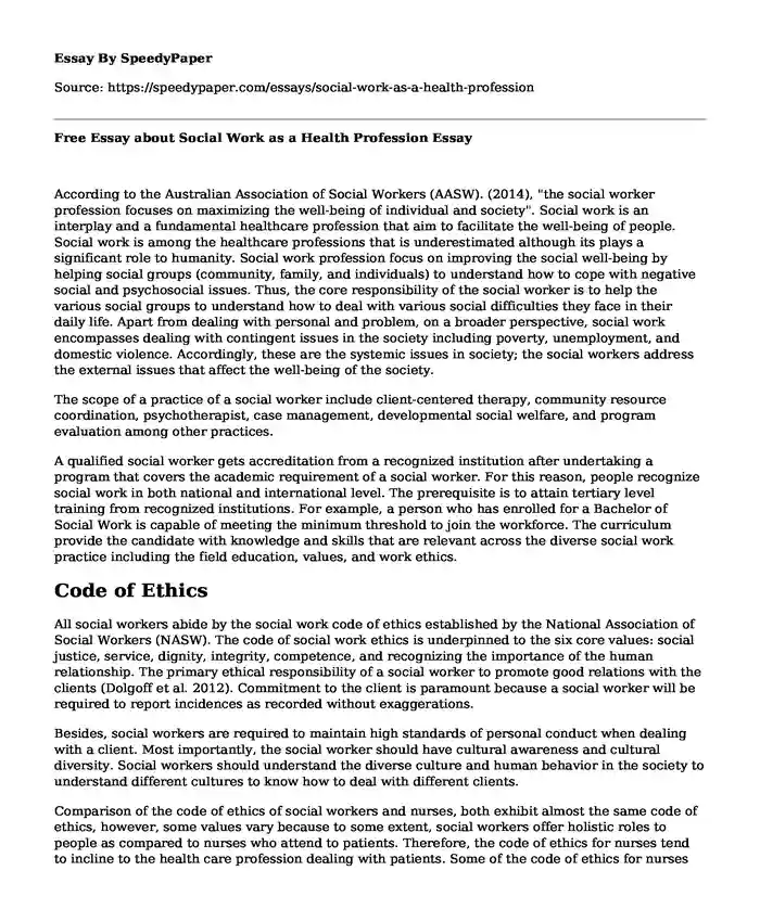 Free Essay about Social Work as a Health Profession