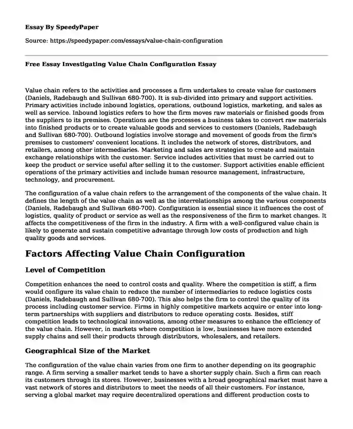 Free Essay Investigating Value Chain Configuration
