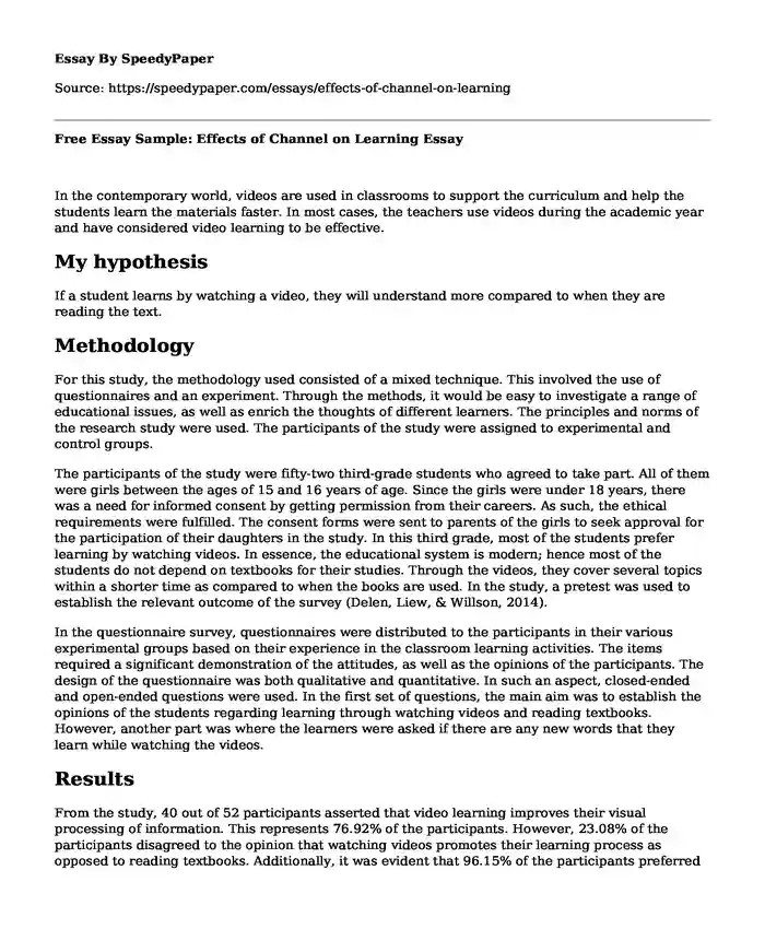 Free Essay Sample: Effects of Channel on Learning