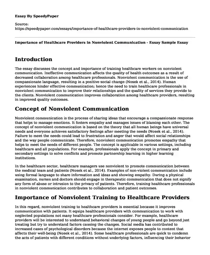 Importance of Healthcare Providers in Nonviolent Communication - Essay Sample