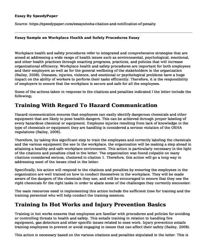 Essay Sample on Workplace Health and Safety Procedures