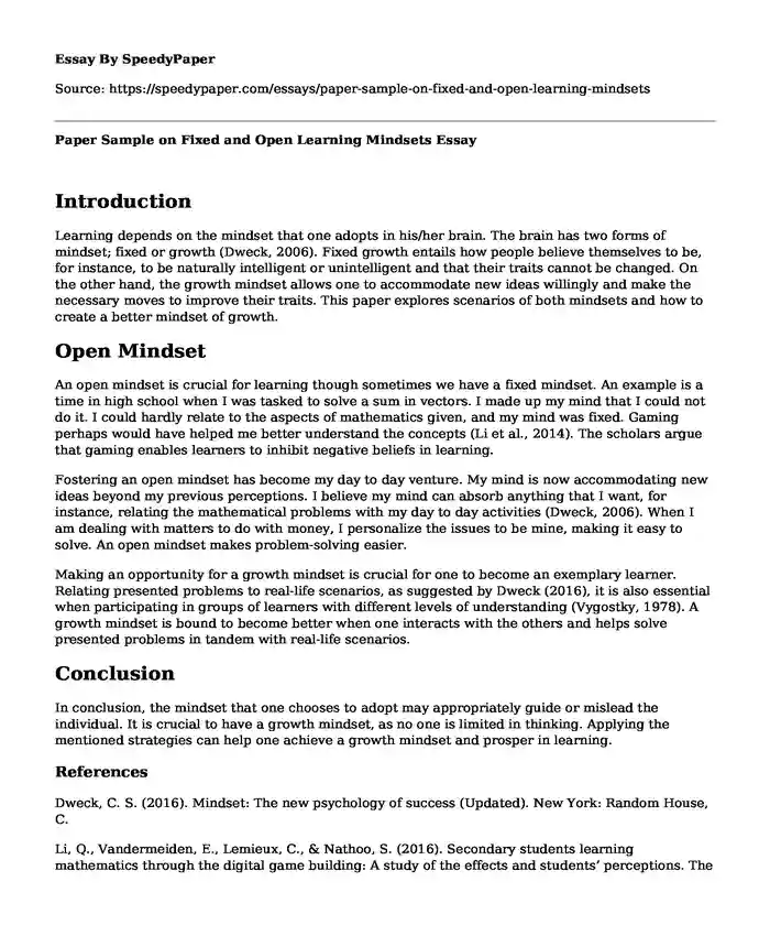 Paper Sample on Fixed and Open Learning Mindsets