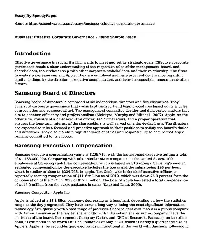 Business: Effective Corporate Governance - Essay Sample