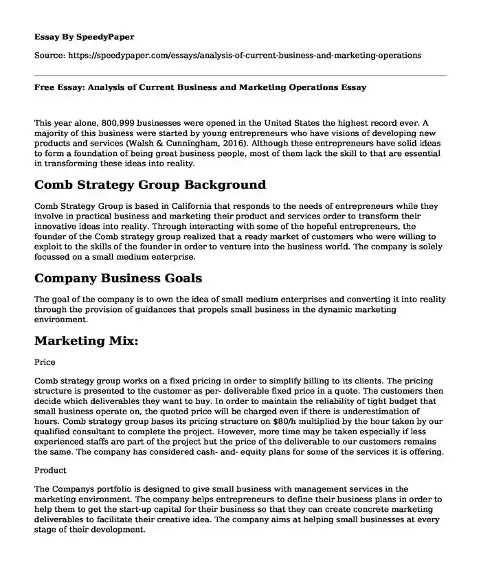 Free Essay: Analysis of Current Business and Marketing Operations