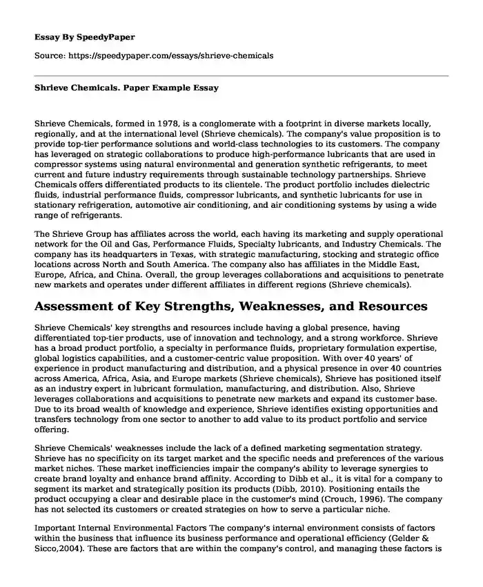 Shrieve Chemicals. Paper Example