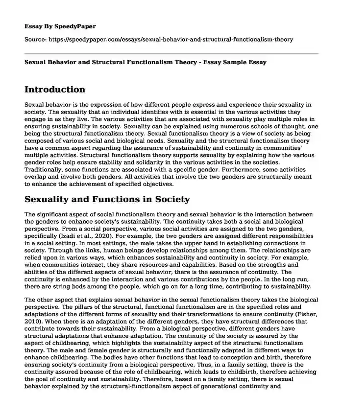 Sexual Behavior and Structural Functionalism Theory - Essay Sample