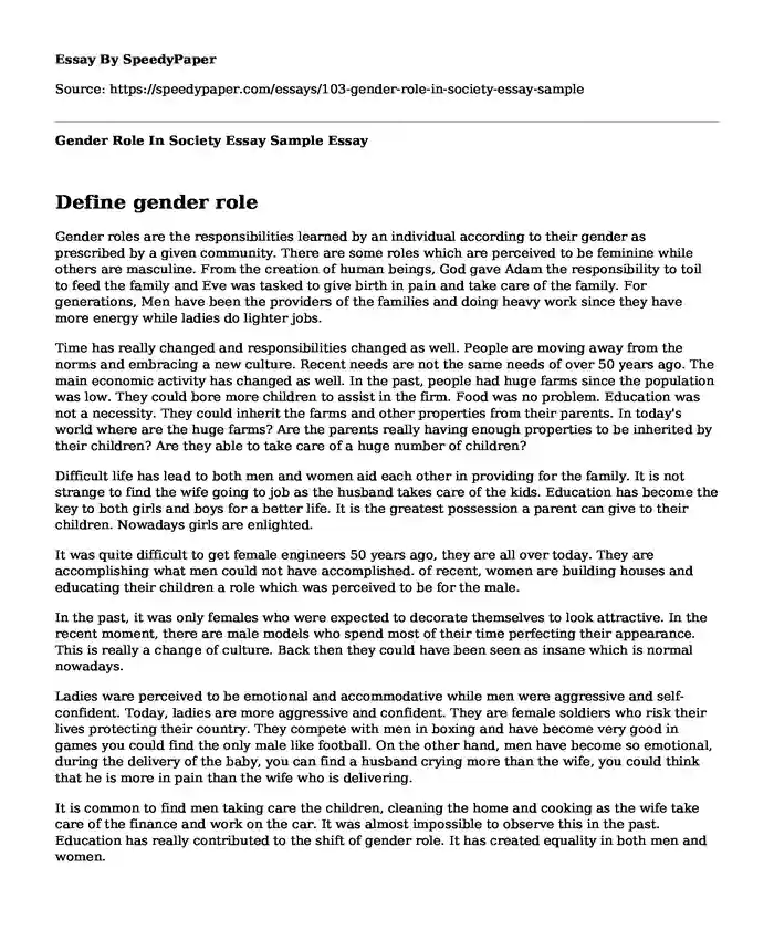 Gender Role In Society Essay Sample