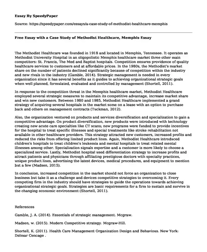 Free Essay with a Case Study of Methodist Healthcare, Memphis