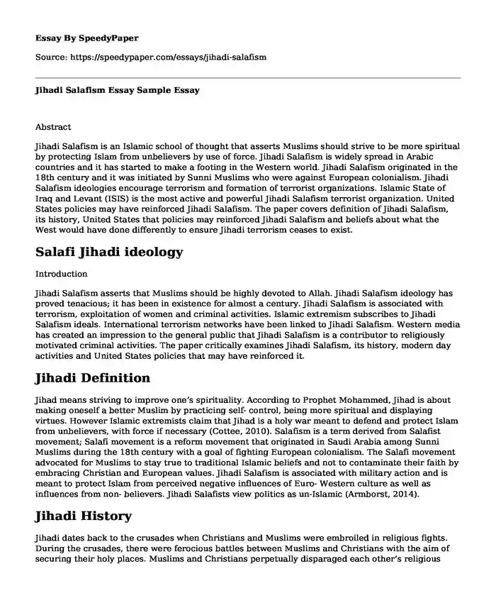 Jihadi Salafism Essay Sample