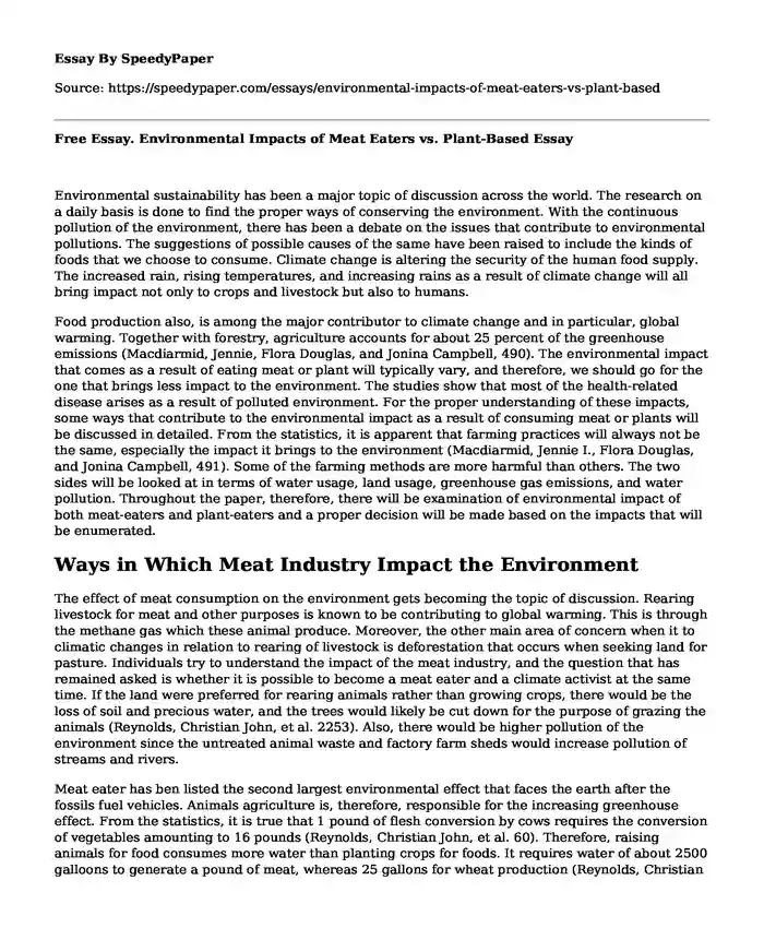 Free Essay. Environmental Impacts of Meat Eaters vs. Plant-Based
