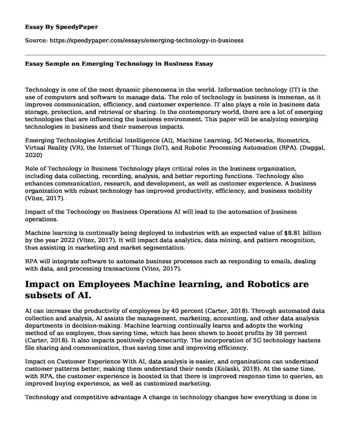 Essay Sample on Emerging Technology in Business
