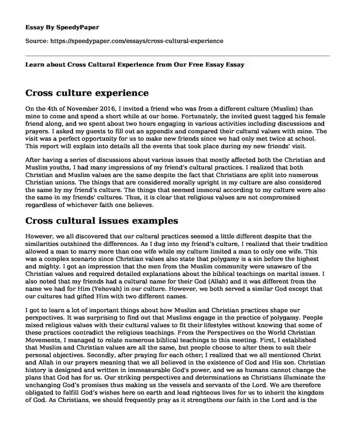 Learn about Cross Cultural Experience from Our Free Essay