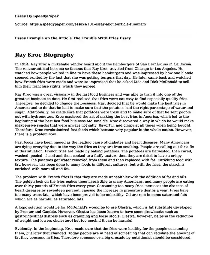Essay Example on the Article The Trouble With Fries