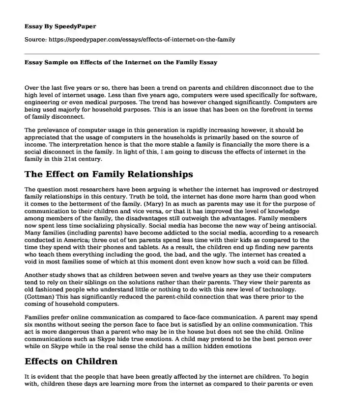 Essay Sample on Effects of the Internet on the Family