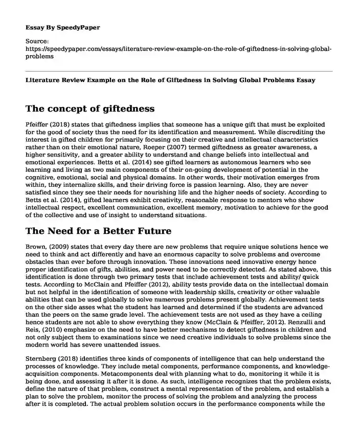 Literature Review Example on the Role of Giftedness in Solving Global Problems
