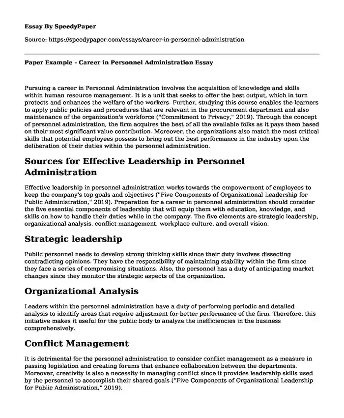 Paper Example - Career in Personnel Administration