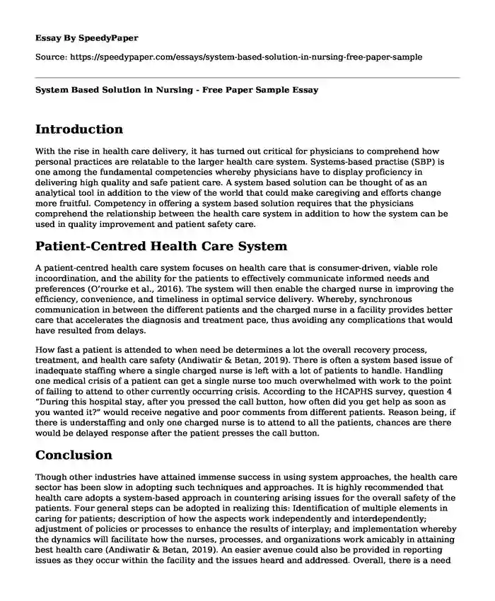 System Based Solution in Nursing - Free Paper Sample
