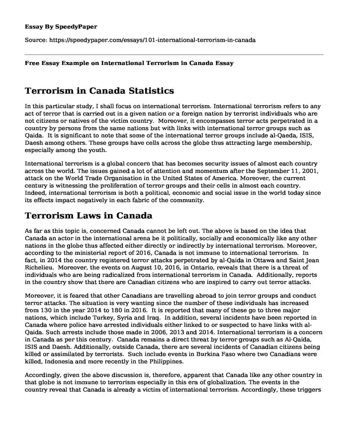 Free Essay Example on International Terrorism in Canada