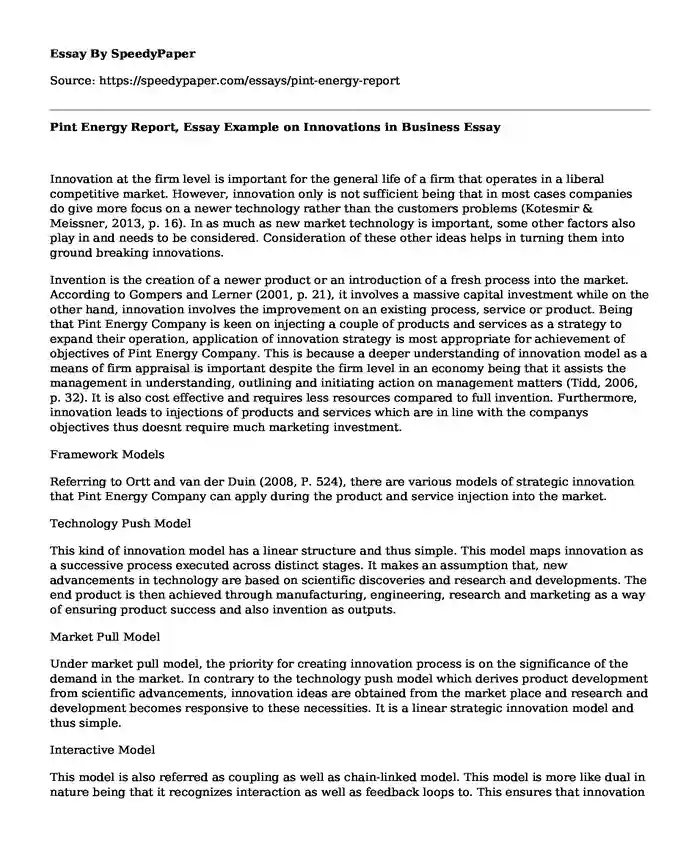 Pint Energy Report, Essay Example on Innovations in Business