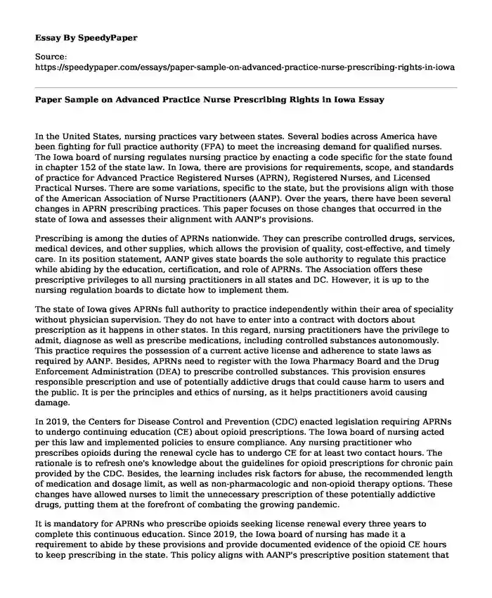 Paper Sample on Advanced Practice Nurse Prescribing Rights in Iowa