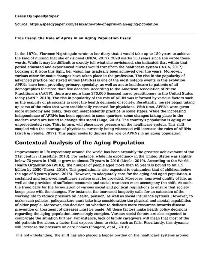 Free Essay. the Role of Aprns in an Aging Population
