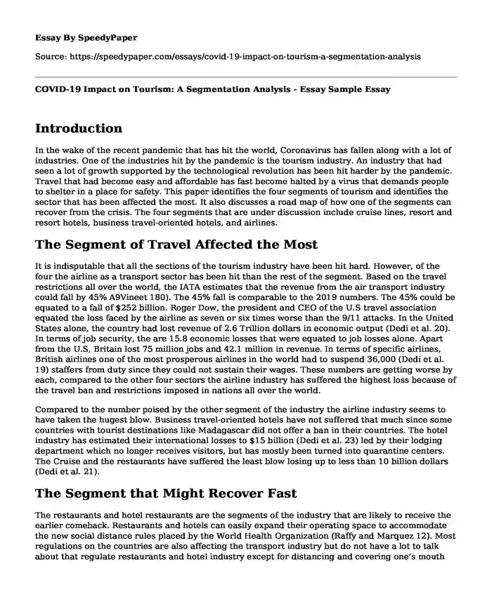 COVID-19 Impact on Tourism: A Segmentation Analysis - Essay Sample