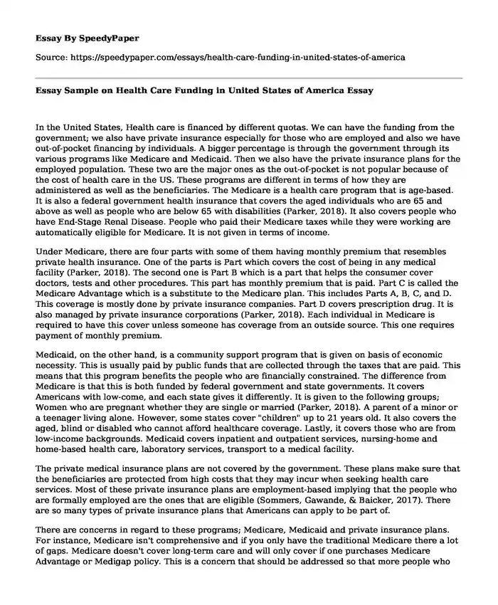 Essay Sample on Health Care Funding in United States of America