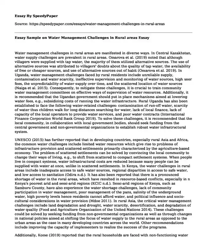 Essay Sample on Water Management Challenges in Rural areas