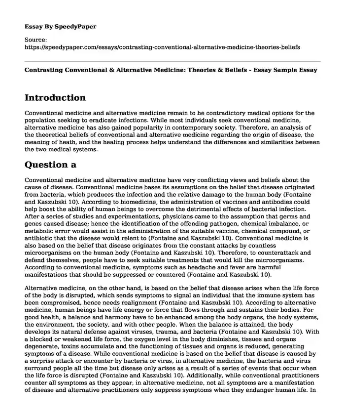 Contrasting Conventional & Alternative Medicine: Theories & Beliefs - Essay Sample