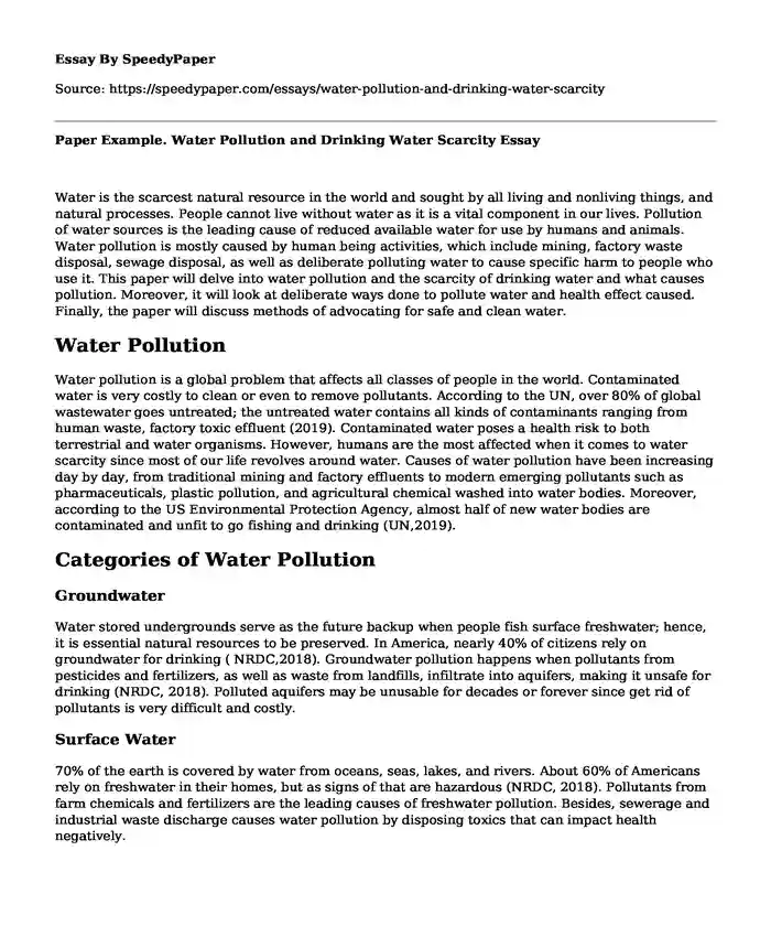 Paper Example. Water Pollution and Drinking Water Scarcity