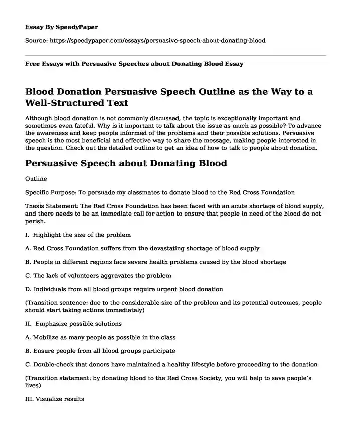 Free Essays with Persuasive Speeches about Donating Blood