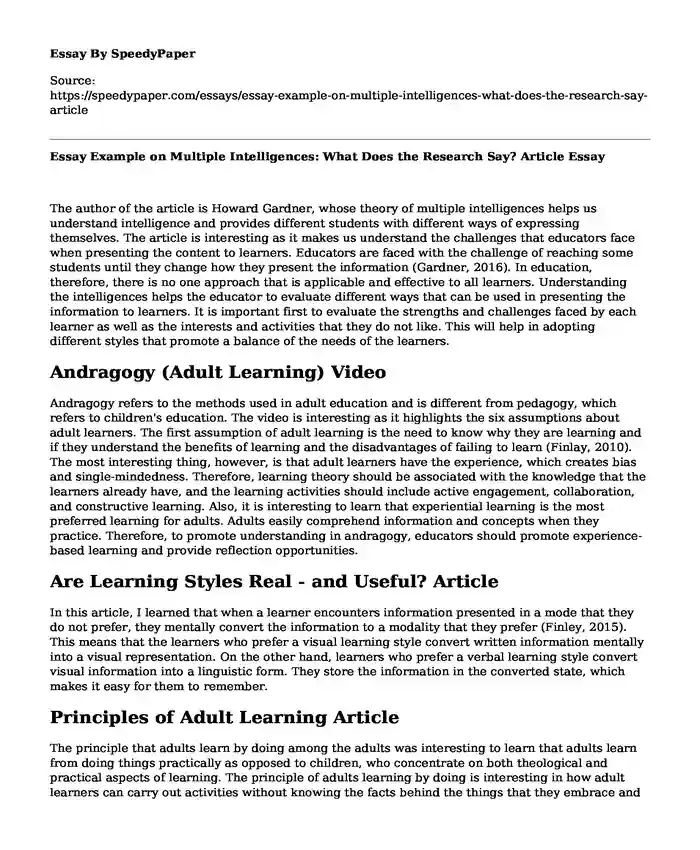 Essay Example on Multiple Intelligences: What Does the Research Say? Article