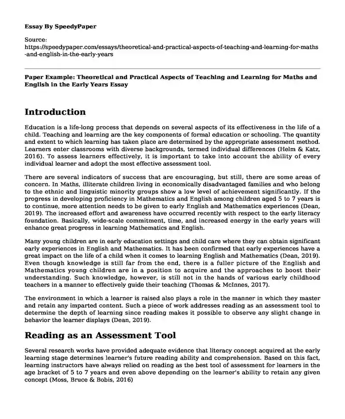 Paper Example: Theoretical and Practical Aspects of Teaching and Learning for Maths and English in the Early Years