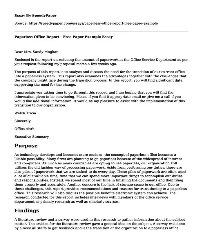 Paperless Office Report - Free Paper Example