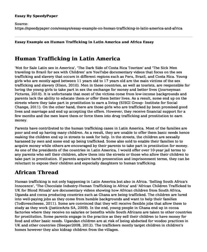 Essay Example on Human Trafficking in Latin America and Africa