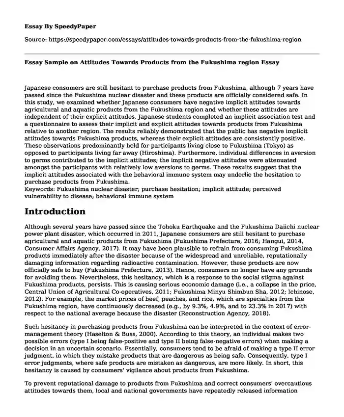 Essay Sample on Attitudes Towards Products from the Fukushima region