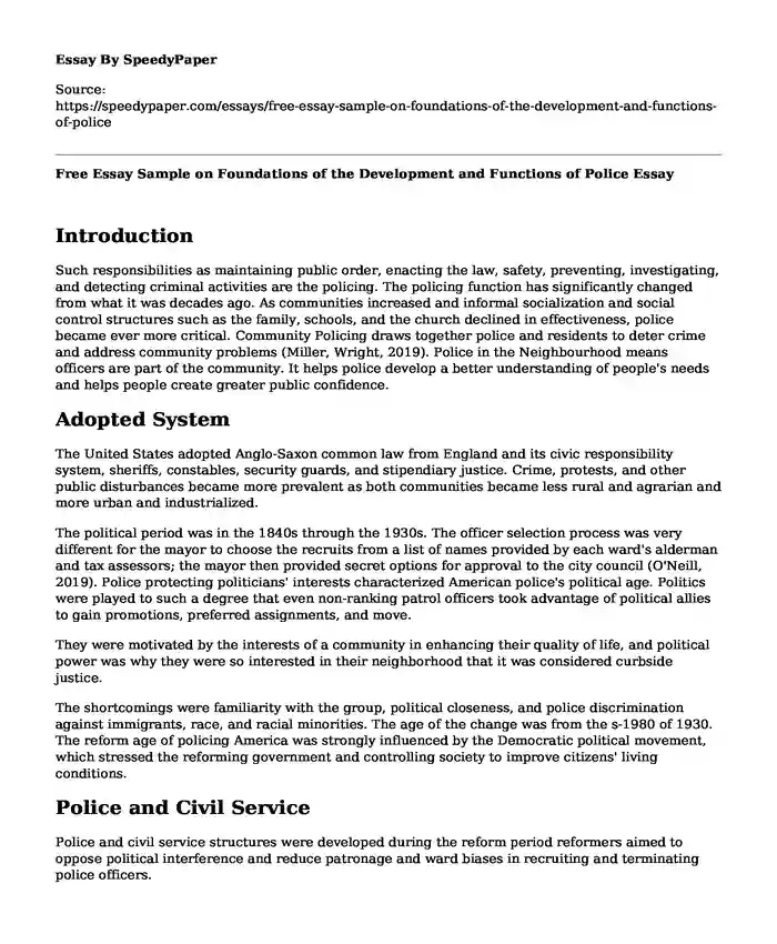 Free Essay Sample on Foundations of the Development and Functions of Police