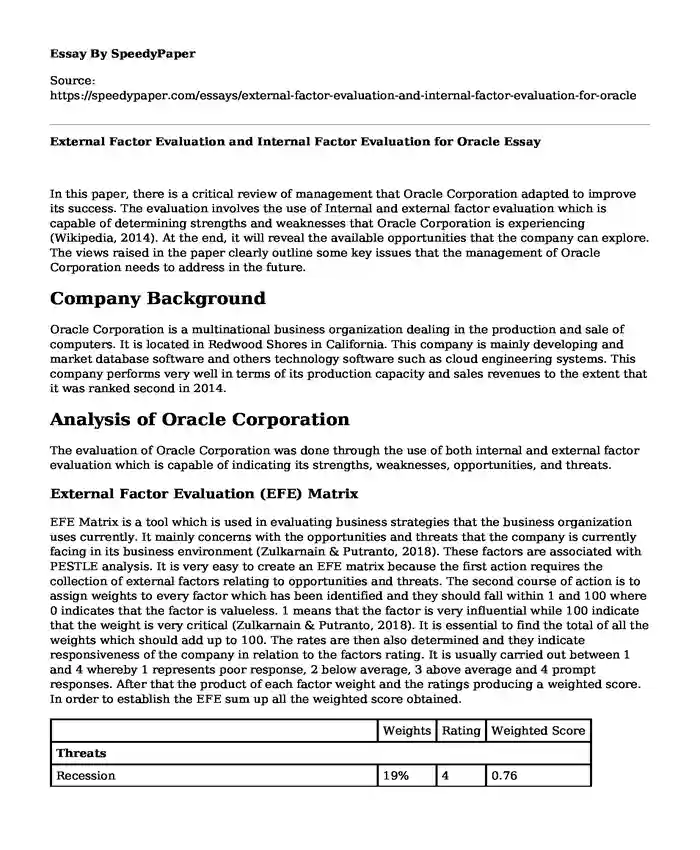 External Factor Evaluation and Internal Factor Evaluation for Oracle