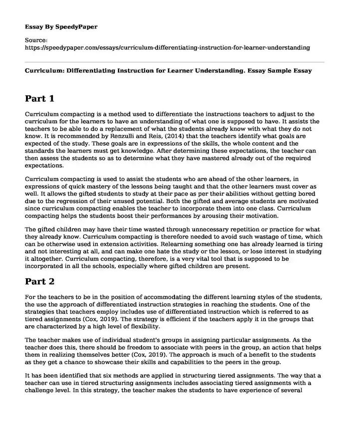 Curriculum: Differentiating Instruction for Learner Understanding. Essay Sample