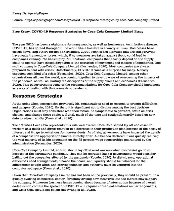 Free Essay. COVID-19 Response Strategies by Coca-Cola Company Limited