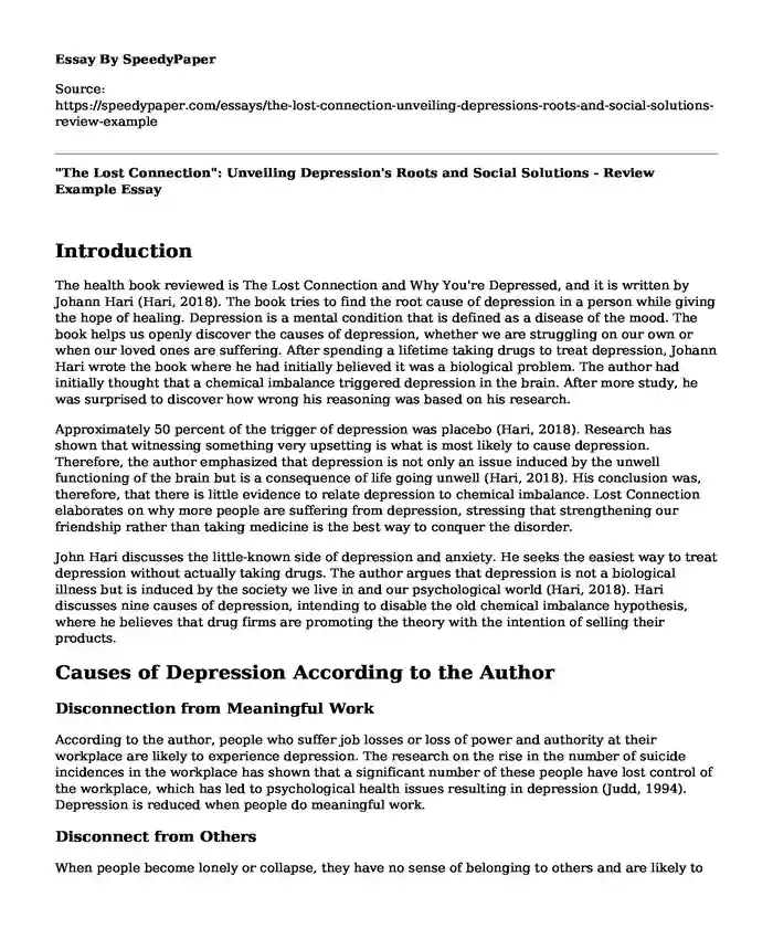 "The Lost Connection": Unveiling Depression's Roots and Social Solutions - Review Example