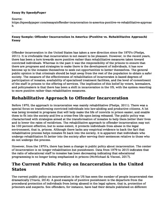 Essay Sample: Offender Incarceration in America (Punitive vs. Rehabilitative Approach)